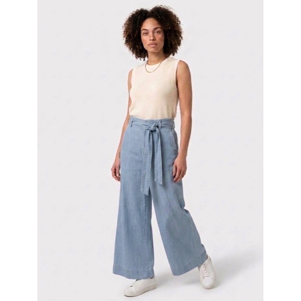 Joie Wide Leg Palazzo Pants L Chambray Blue Lyocell Tie Waist Coastal Relaxed